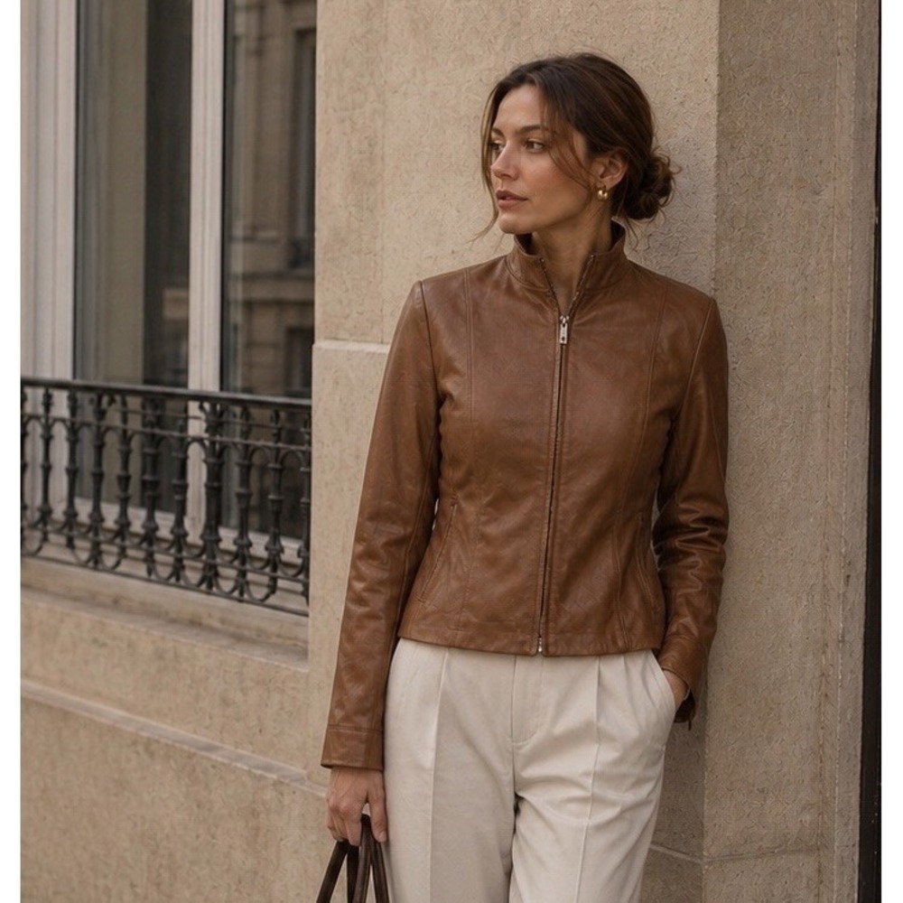 Cole Haan Women Wing Collar Leather Jacket Lambskin Size 10 Caramel Old Money